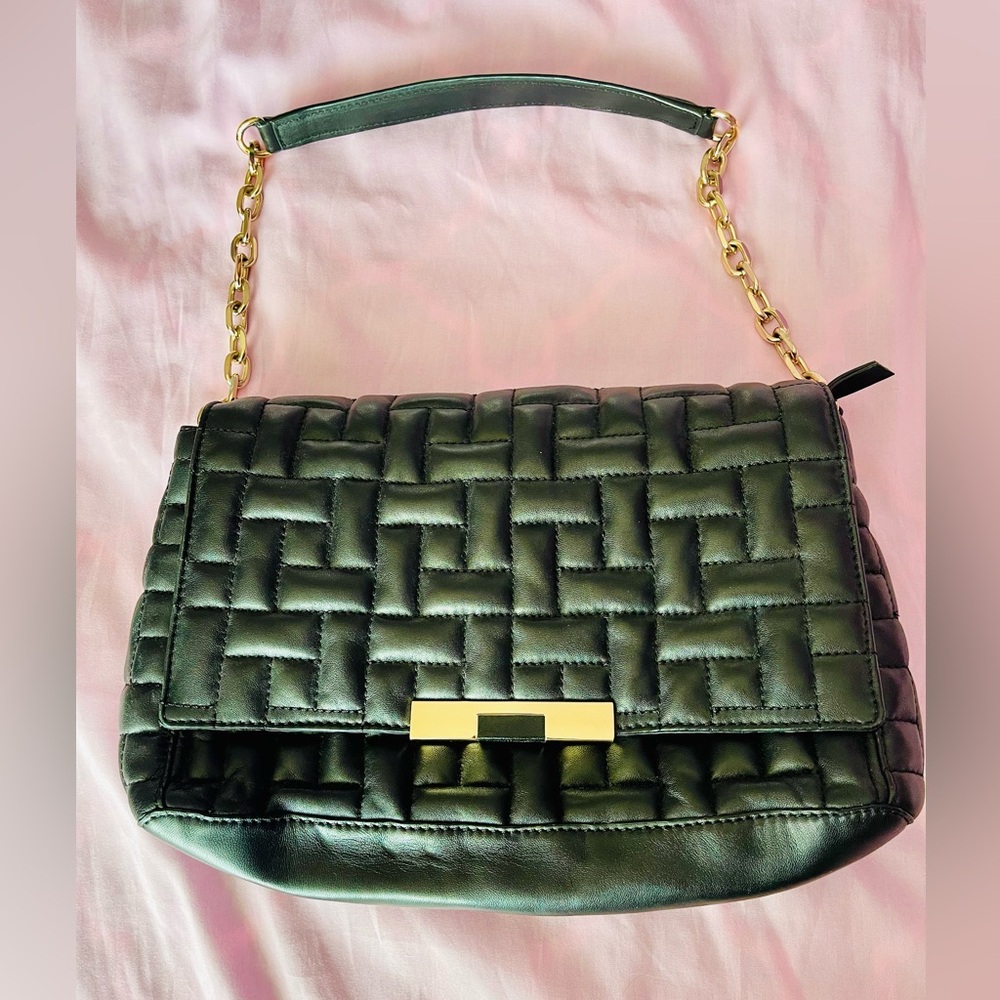 Zara Quilted Shoulder Bag with Chain Black Real Leather